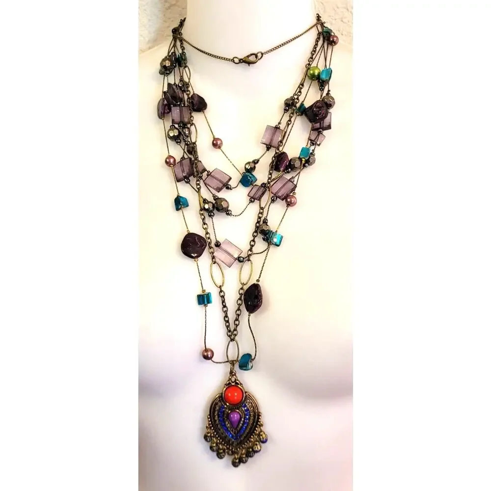 Lot of 3 Vintage Colorful Necklaces Station Long Pendant Y2K 90s 2000s Boho